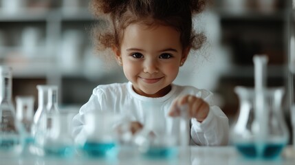 A curious toddler in a lab coat joyfully interacts with colorful flasks, embracing the theme of exploration, learning, and youthful experimentation in science.