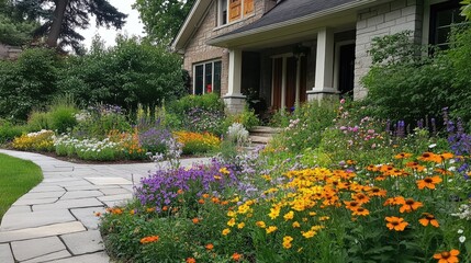 Front yard garden with a mix of wildflowers, boxwood hedges, and stone paving, exuding an English countryside charm, no people, no logo.