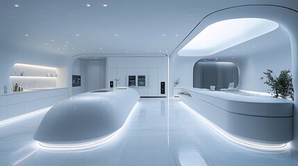 Obraz premium A futuristic, all-white kitchen with motion-sensor lighting and smart, voice-controlled appliances