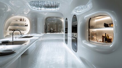 An all-white kitchen with futuristic smart glass cabinets that become transparent or opaque with a touch