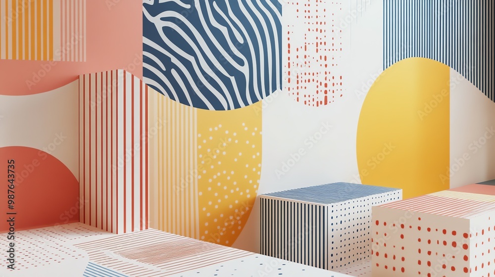 Poster abstract geometric shapes and patterns in a vibrant color palette create a playful and modern backgr
