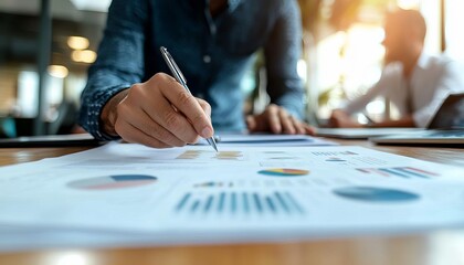 Fototapeta premium Person analyzing data charts and graphs on a table.