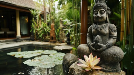 Fototapeta premium Lush Balinese-style front yard with a carved stone statue, lotus pond, and bamboo accents, no people, no logo.