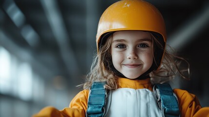A young girl with a yellow helmet is all set for an indoor skydiving adventure, representing excitement, youth, and courage in exploring new experiences.