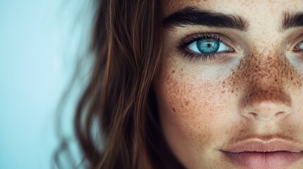 A close-up of a section of wavy, dark brown hair cascading against a soft blue background, capturing the natural texture and movement of the hair in an artistic manner.