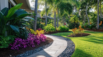 Obraz premium Relaxing front yard with resort-style landscaping, a stone pathway, and tropical flowers under shady trees, no people, no logos.