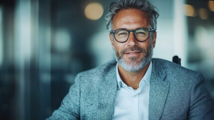 An elegant portrait of a man wearing a gray suit and glasses, exuding professionalism and sophistication in a modern business environment.
