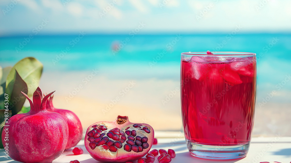 Sticker pomegranate juice and pomegranate fruits on the beach