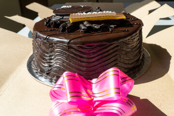 Delicious Looking Brown Dark Chocolate Cake Truffle Dark Forest for Birthday party or anniversary celebration 