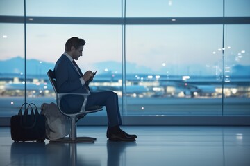 Fototapeta premium Airport Terminal: Businessman using smartphone waiting for flight