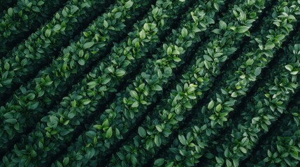 An aerial perspective revealing structured rows of lush green plants, highlighting agricultural organization and the meticulous planning in crop cultivation.