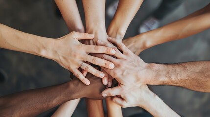 A diverse group of hands clasped together in a symbol of unity and support.