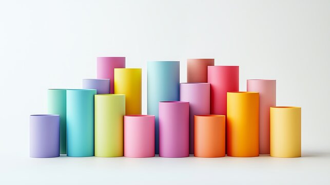 Abstract cylinders in vivid hues form a dynamic, colorful background.