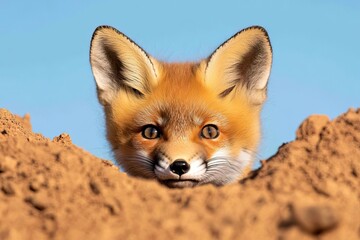 Obraz premium Adorable Baby Fox Peeking from Burrow Soft Fur and Perky Ears in Natural Habitat