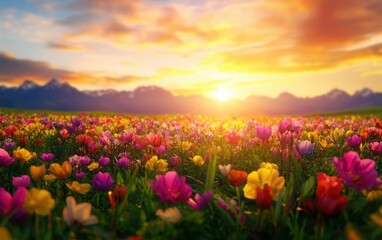 The vibrant spring flower meadow with colorful blossoms stretching to the horizon