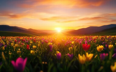 Vibrant spring flower meadow with colorful blossoms stretching to the horizon