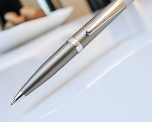 Naklejka premium Sleek Metallic Ballpoint Pen on Pristine White Desk in Elegant Corporate Setting