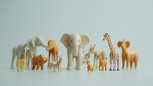 Toy elephant and giraffe figures rest against a clean white background, simple yet charming.