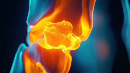 A 3D rendered image of a brightly glowing knee joint, highlighting the bones and cartilage, representing medical imagery and anatomical focus.