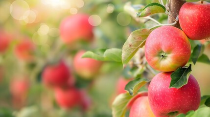 Obraz premium Close-up Ripe redapples in orchard ready for harvest Natural fruit plantation with trees full of fresh produce Organic farming in lush garden, agriculture in nature healthy food Summer, autumn season