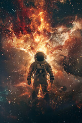 Fototapeta premium A astronaut standing in front of an exploding nebula 