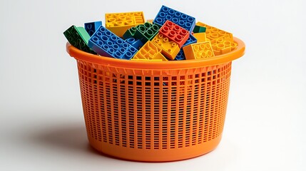 Colorful plastic building blocks fill an orange basket, a perfect blend of play and organization.