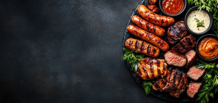 A sizzling barbecue platter with grilled chicken, beef, and sausages, served with a variety of sauces, mixed grilled platter, barbecue feast