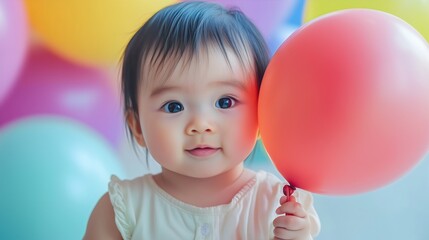Portrait of a cute sweet young Asian girl toddler holding a helium balloon at a birthday surprise party Female Chinese or Japanese or Korean preschooler kid Event decoration Childhood happiness 