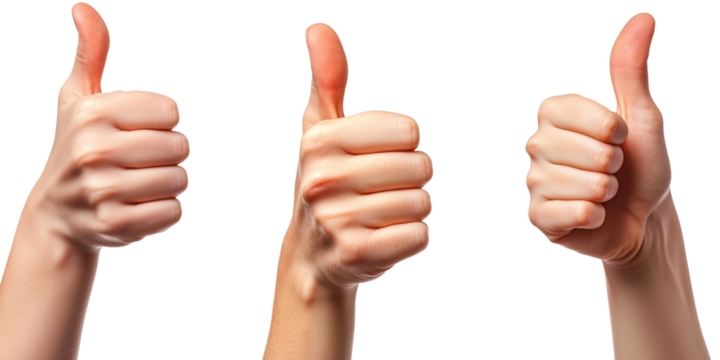 Thumbs Up Hand Gestures Set for Approval Themes. A realistic set of thumbs-up hand gestures, representing approval, agreement, and positivity.