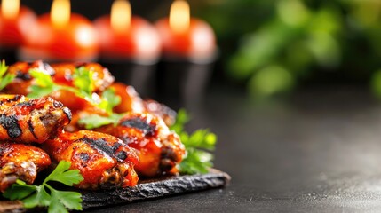 Grilled chicken wings marinated in a sweet and spicy glaze, served on a rustic platter, grilled chicken wings, appetizer