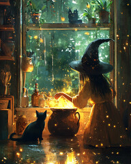 young witch brewing a magical potion in her warm kitchen as her black cat observes the sparkles of enchantment flowing from the cauldron