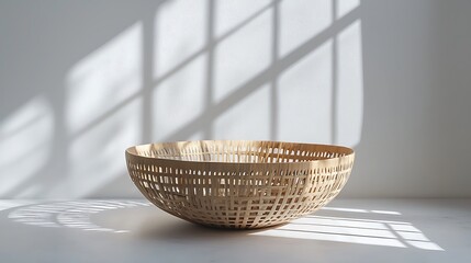 Fototapeta premium A woven bamboo basket sits in soft window light, a minimalist touch to interior decor.