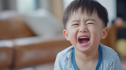 "Dramatic Emotions of an Upset Asian Toddler Boy: Crying, Angry, and Sad or Screaming Facial Expressions Captured in a Portrait of Childhood Innocence