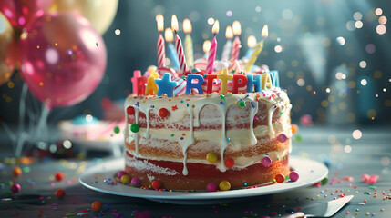 birthday cake with candles, cake with strawberry, Concept of Happy Birthday, holiday Birthday cake.