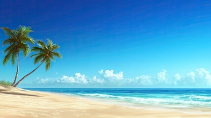 Fototapeta premium Tropical beach scene with palm trees and clear blue sky.
