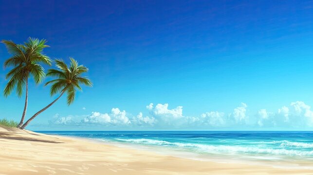 Tropical beach scene with palm trees and clear blue sky.