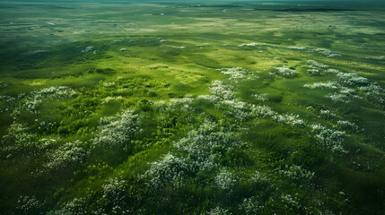 Naklejka premium Aerial View of Lush Green Meadow with White Wildflowers