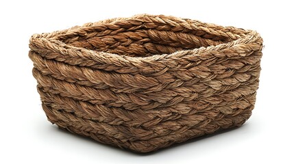 Obraz premium A square woven seagrass basket, isolated against a white background, showcasing its natural texture.