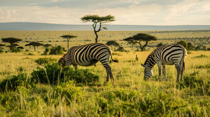 Fototapeta premium Two Zebras Grazing in the African Savanna