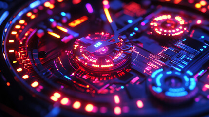 A clock with microchip gears. glowing circuits marking the passage of time in vibrant colors. 