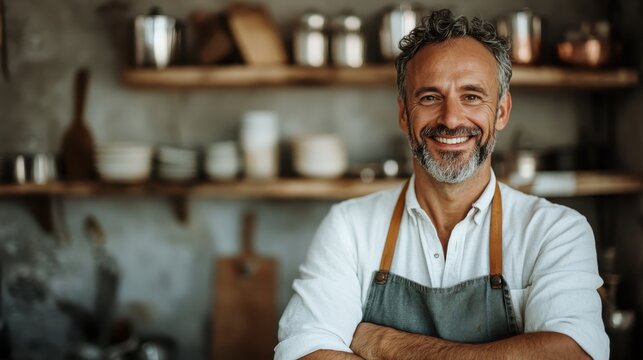 With a joyful expression, a chef in an apron stands surrounded by various kitchen utensils, symbolizing culinary mastery and the joy of cooking and creating.