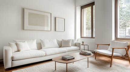 A comfortable modern living room featuring a large white sectional sofa, soft throws, a wooden coffee table, and large windows providing ample natural light and outdoor views.
