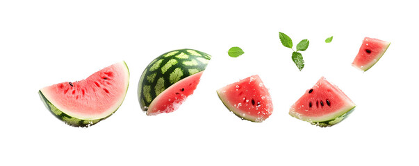 Watermelon slices splashing in water, isolated on white background.