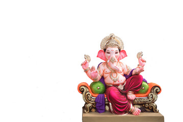 Ganesha Idol. Hindu God Ganesha on white background, Ganesh festival. Pune, Maharashtra, India. copy space, cover, background.