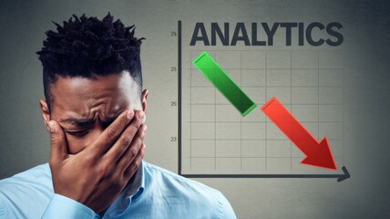 A photo of a crying black man with his face covered by his arm. On the wall behind him, there's an analytics graph with one side green and the other side red, illustrating a change from good to bad.