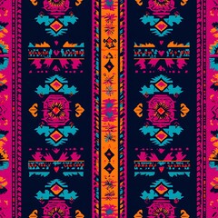 A seamless geometric tribal pattern in vibrant colors repeats in bold symmetry.