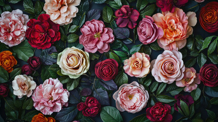 A stunning collection of blooming roses in different shades and colors arranged beautifully together, creating a visually captivating and harmonious display of nature's elegance and wonder.