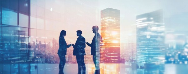 Double exposure illustration of business professionals discussing strategy with digital technology and city skyline overlay