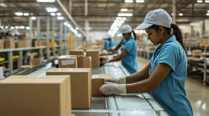 Workers packaging products for shipment in a well-organized production line, ensuring timely distribution