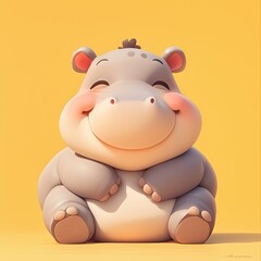 Obraz premium 3d render of chubby hippopotamus sit and smile on light yellow background